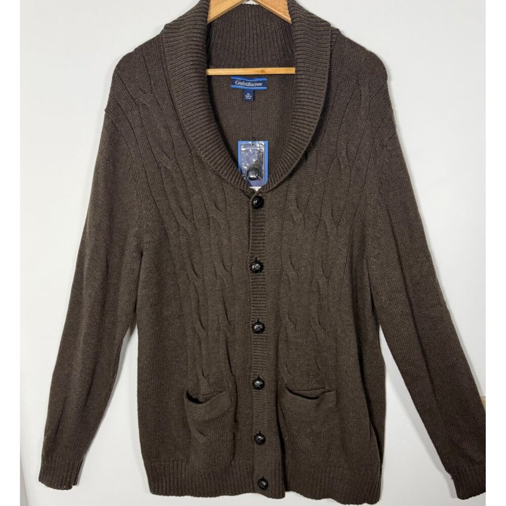 Men's Grandpa Cardigan Sweater XL Brown Cable Knit‎ Cotton Blend NWT Cozy Soft